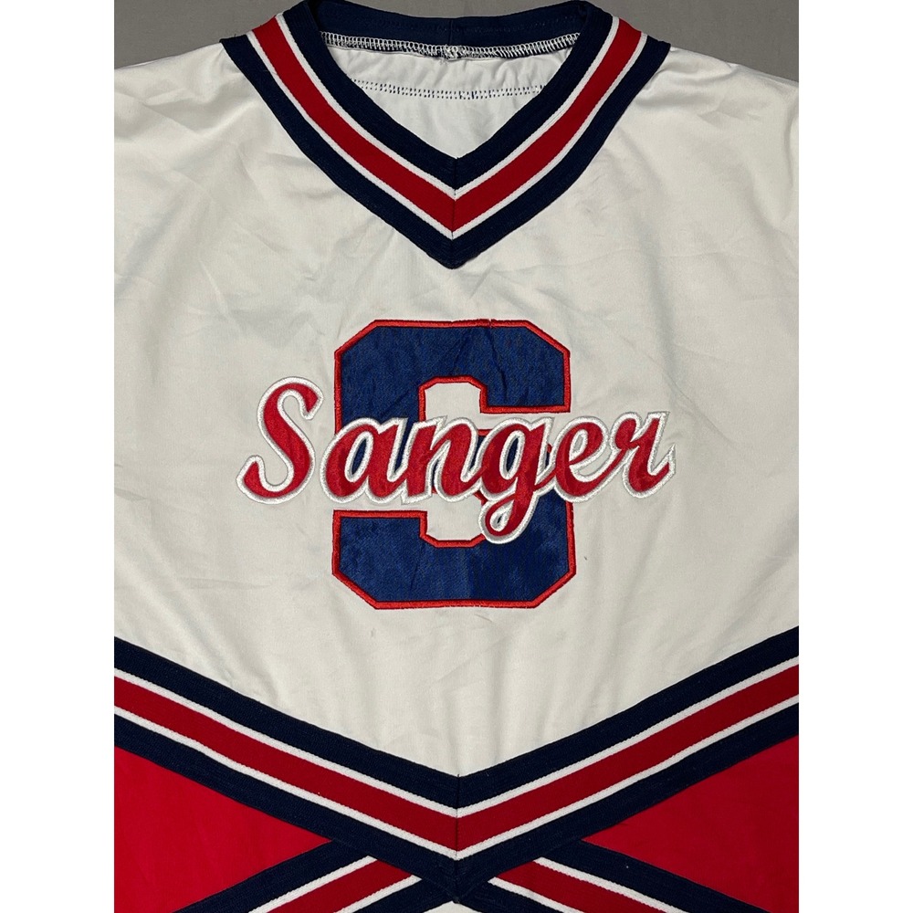 DA Designs Dancewear Sanger Cheerleading Top White Red Navy Blue V-Neck Medium - Picture 2 of 10
